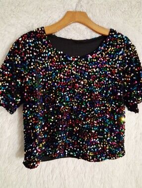 Rainbow Sequin Crop Top Blouse Juniors Large